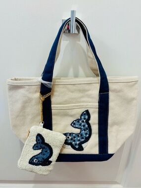 NWT Made in India Canvas Blue Whale Applique Tote Bag with Beaded Coin Pouch